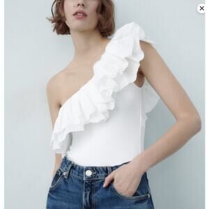 Zara White Asymmetric Ruffle Eyelet Embroidered Neckline Bodysuit Top Size Small